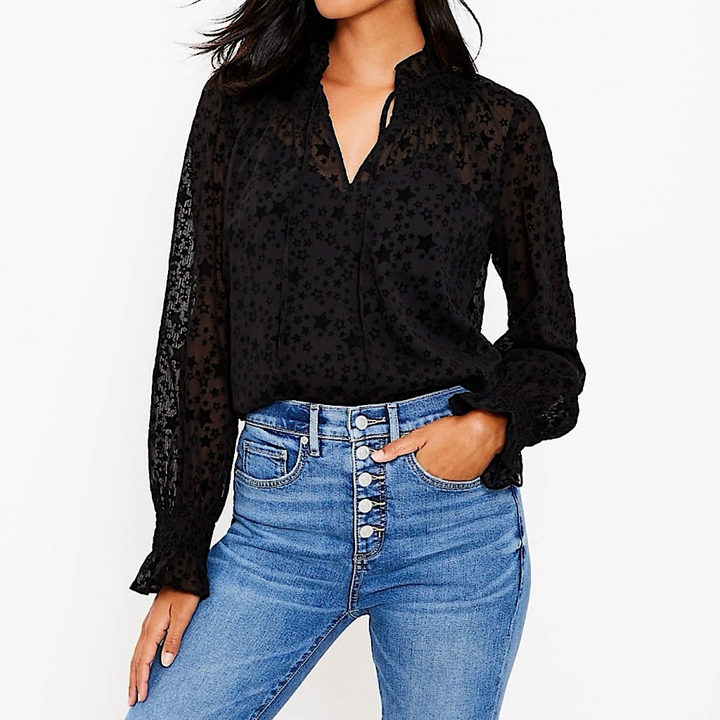 Nwt Loft Star Pattern Ruffle Velvet Tie Neck Blouse Black Women’s Size Medium